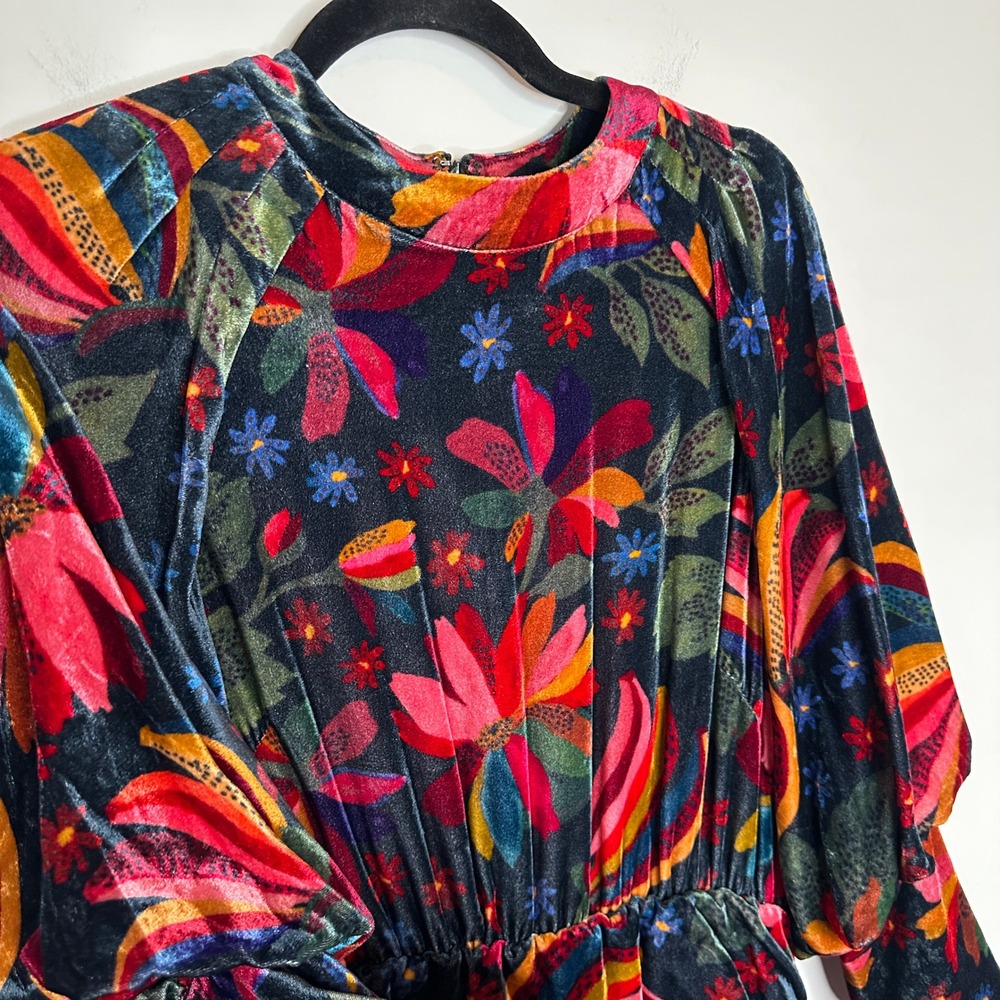 FARM Rio Velvet Banana Sky Floral Mini Dress Tiered Long Sleeve Size Small - Picture 14 of 16